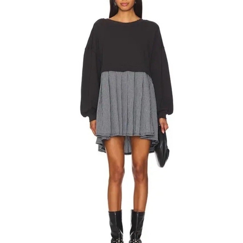 Free People Eleanor Black Striped Layered Slouchy Sweatshirt Mini Dress Sz L